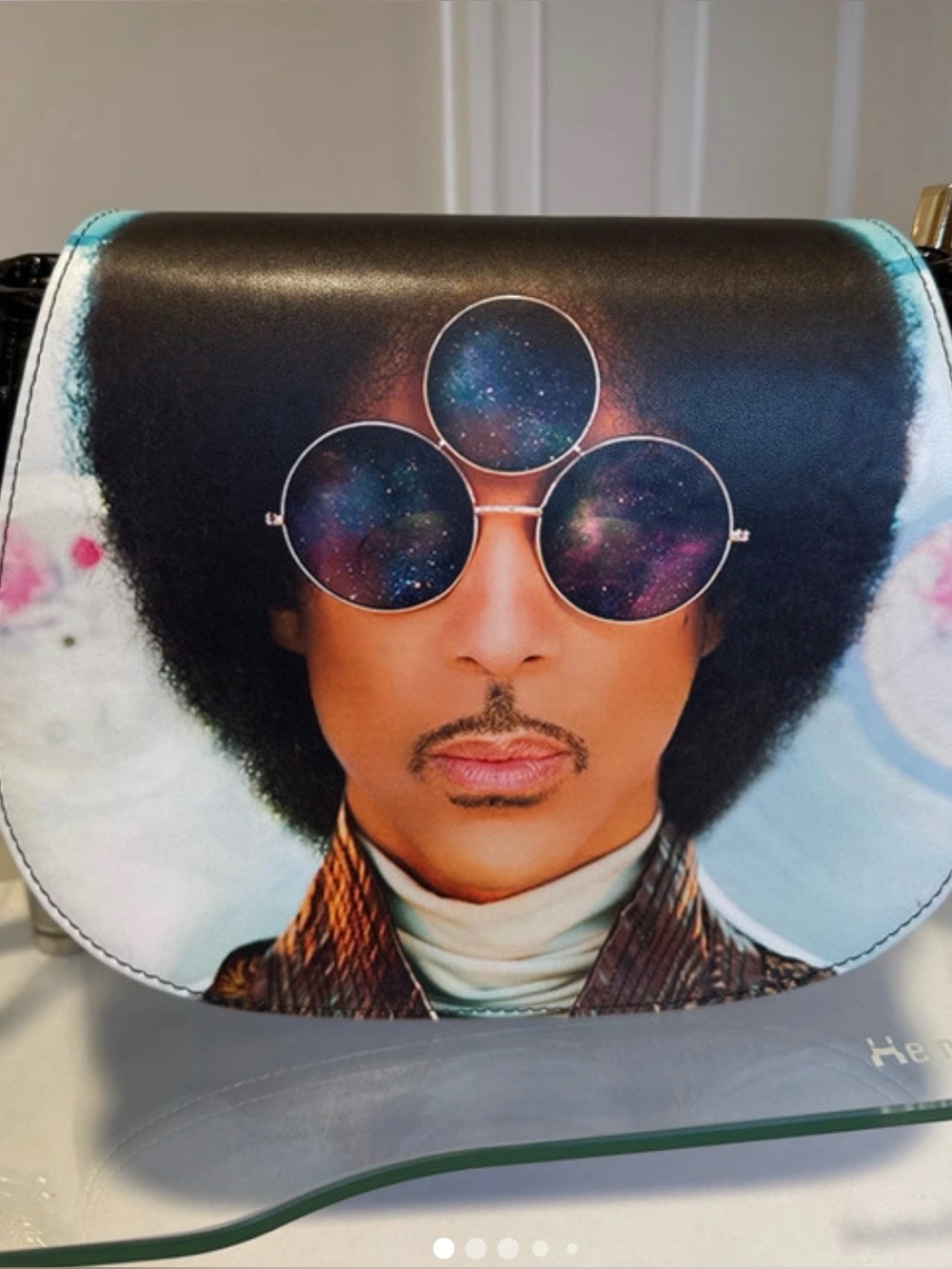 Genuine Glossed Leather PRINCE Crossbody Bag w/ Cosmic Sunglasses  Black, Rare!